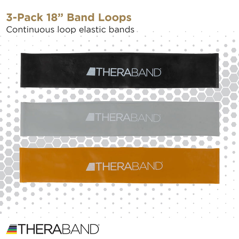 THERABAND Professional Resistance Band Loops Durable Resistance for Strength and Flexibility Exercises, Pilates, Yoga, Stretching, and Physical Therapy, 18" Continuous Loops (Black, Silver, Gold) Set of 3 – Advanced Levels 18"