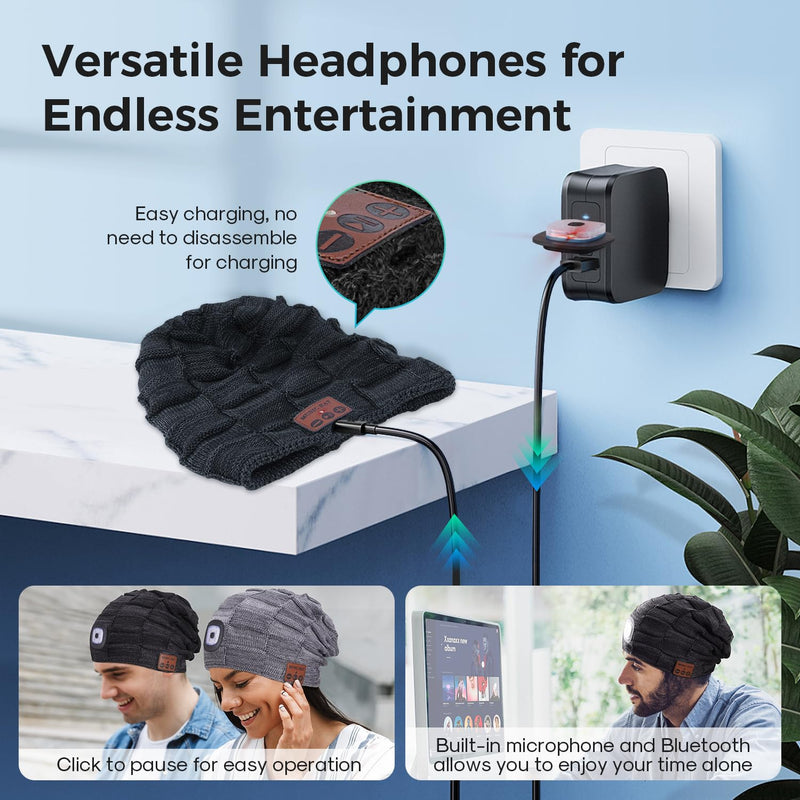 Bluetooth Beanie with Light for Men, Beanie with Light Unisex USB Rechargeable Hands-Free 4 LED, Headlamp Cap with Wireless Headphones Built-in Speaker Mic Gifts for Men Dad Teen (Black) One Size Black