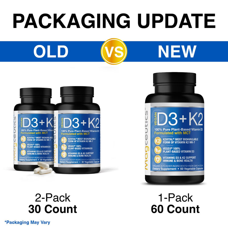 Vitamin D3 K2 with MCT, 5000 IU Vegan D3 & 100 mcg MK7 K2, Support Strong Bones and Immune Health - 60 Capsules (60 Days Supply) 60 Count (Pack of 1)