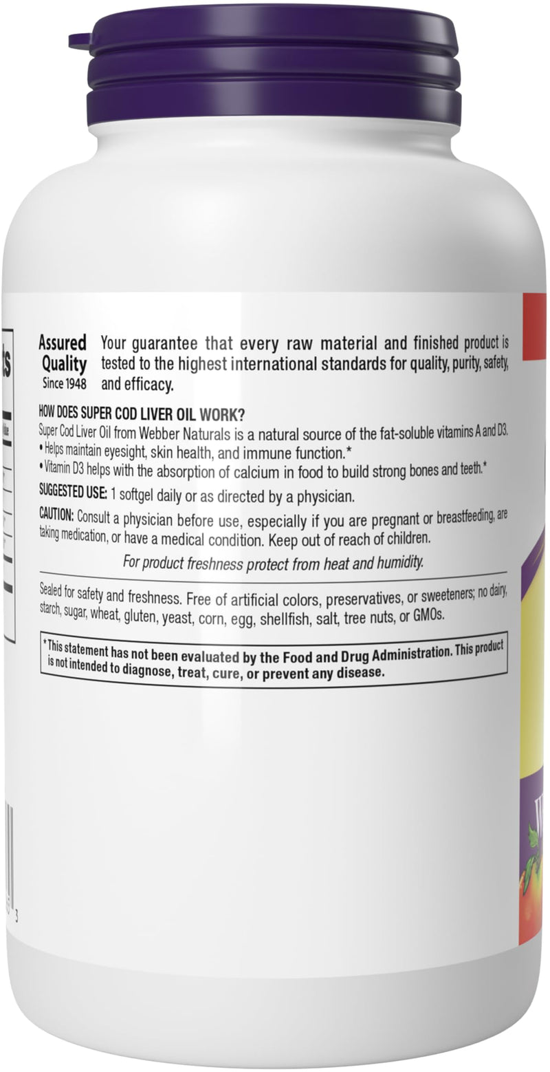 Webber Naturals Cod Liver Oil Softgels, Vitamins A & D, 1100 mg, 180 Count | High Potency, Value Size, Dairy/Gluten/Shellfish Free, Supports Immune Health, One Softgel Daily
