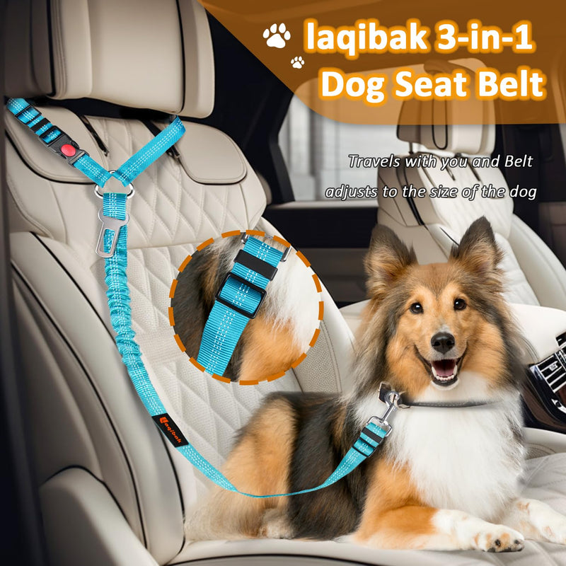 Removable Dog Seat Belt Harness for Car, 3 in 1 Pet Dog Car Seatbelt Leash, Retractable Restraint Secures to Vehicle Headrest & Adjustable Reflective Bungee Dog Seatbelt Tether with Poop Bag Holder Black+Blue - BeesActive Australia