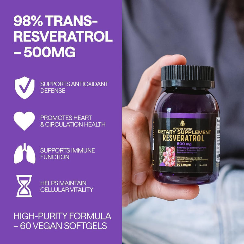 WONDER FAMILY Resveratrol Supplement 500mg, 98% Trans-Resveratrol from Japanese Knotweed, Vegan Antioxidant Capsules for Daily Wellness, Non-GMO, Gluten-Free - 240 Softgels 60 Count (Pack of 4)