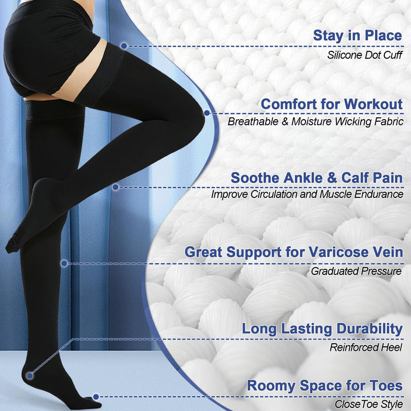 Beister 20-30 mmHg Compression Stockings for Women & Men, Medical Closed Toe Thigh High Socks Graduated Support for Varicose Veins, Edema, Flight Black Medium (1 Pair)