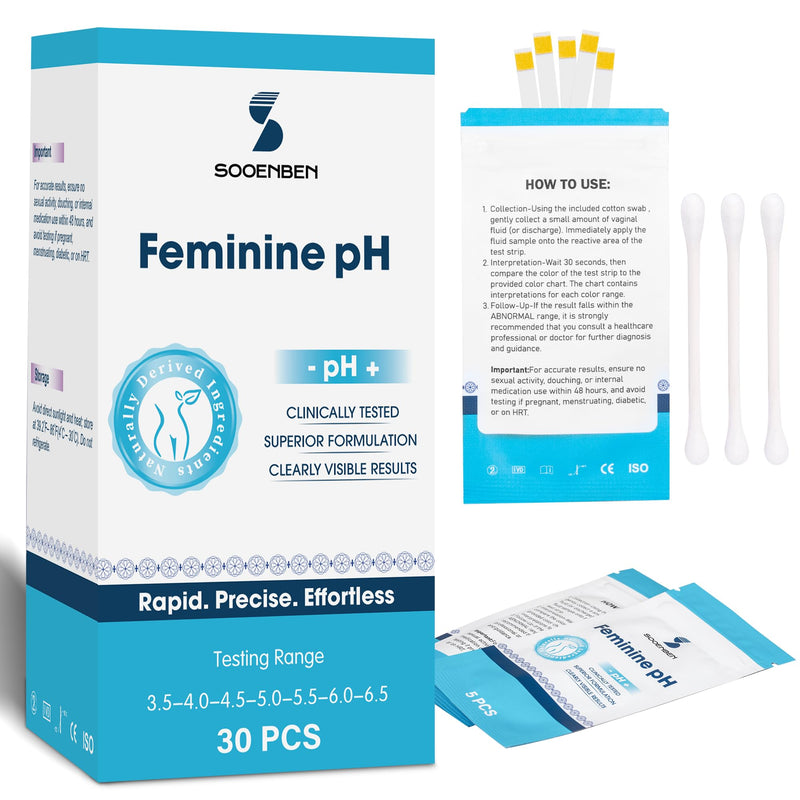 At-Home Vaginal pH Test Kit: 30 Strips + 30 Individually Wrapped Swabs - Fast & Accurate Feminine Health Monitoring for pH Balance, BV & Yeast Infection - Professional Grade