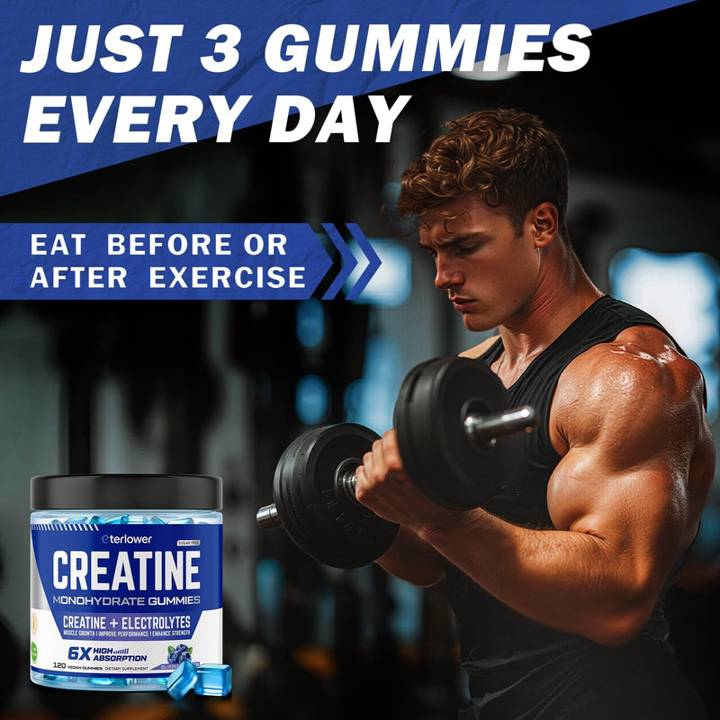 Creatine Monohydrate Gummies 5g, Pre & Post Workout Energy & Muscle for Men & Women | Blueberry Electrolyte Vitamin C/B6/B12 Gummies, 120 Count 119 Count (Pack of 1)