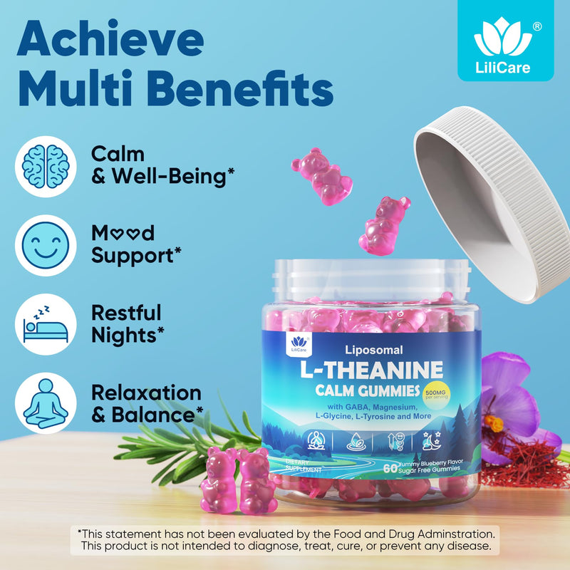 L Theanine Calm Gummies 500mg + Saffron + Magnesium Glycinate + GABA,120Cts | Sugar-Free Liposomal L-Theanine Supplement, w/Ashwagandha, Algae Omega-3, Vitamin D3 B12, for Brain Calm, Relax, Mood, Zzz 60 Count (Pack of 2)