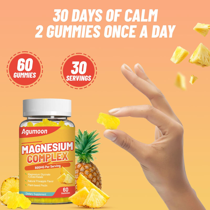 Magnesium Complex Gummies 800mg with Zinc & B6, B12, C, D3, 60 Count | High Absorption Glycinate, Citrate, Malate, Magnesium Complex for Women Men, Non-GMO, Gluten-Free, Pineapple Flavor 60 Count (Pack of 1)