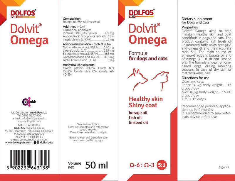 Dolvit Omega 50ml Borage Oil Fish Oil Linseed Oil for Cats and Dogs Omega 6 and 3