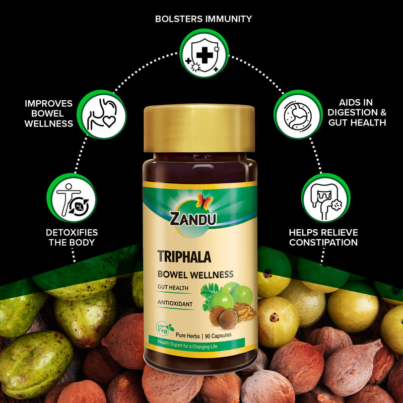 Zandu Triphala Capsules, Supports Bowel Wellness & Healthy Gut, Helps to Boost Immunity & Useful for Digestion, Antioxidant Properties - 90 Veg Capsules - BeesActive Australia