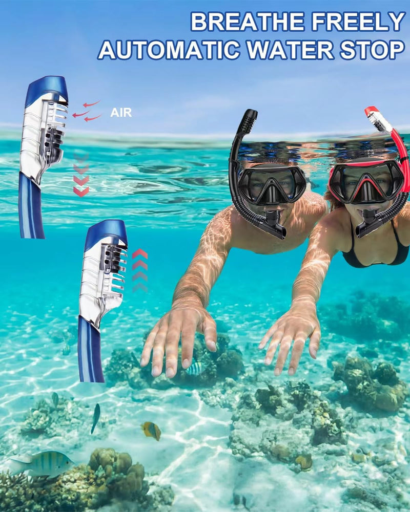 Snorkeling Gear for Adults, Dry Snorkel Mask Set, Scuba Diving Snorkle mask Set Adult, Panoramic Wide View Anti-Fog Dive mask, Swimming Diving Snorkeling Packages BLACK - BeesActive Australia