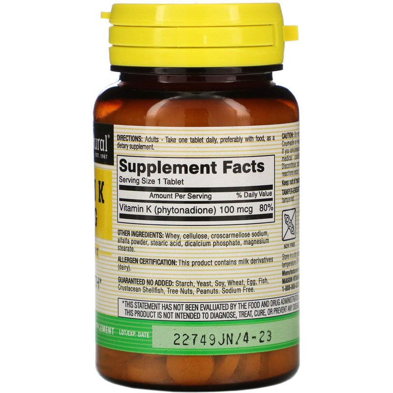 Mason Vitamins Vitamin K 100 mcg Tablets, 100-Count Bottles - BeesActive Australia