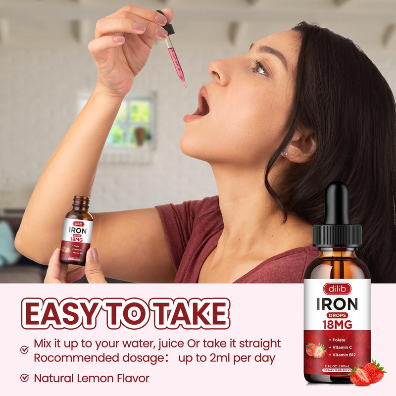 Liquid Iron Supplement for Women & Men Iron Drops Iron Supplements for Anemia with Folate, Vitamin C, B12 for Red Blood Cell Support-Strawberry, 2 Fl Oz Strawberry 2 Fl Oz (Pack of 1)
