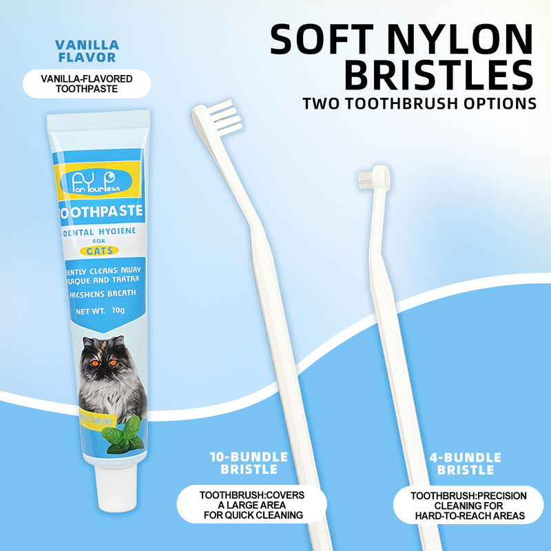 HOP Cat Toothbrush and Toothpaste Kit Vanilla Cat Toothpaste(70g) 2 Soft Nylon Bristles Micro-Head Cat Toothbrushes Kitten Tooth Brushing Kit Pet Dental Care Kit for Cats and Small Dogs Fresh Breath