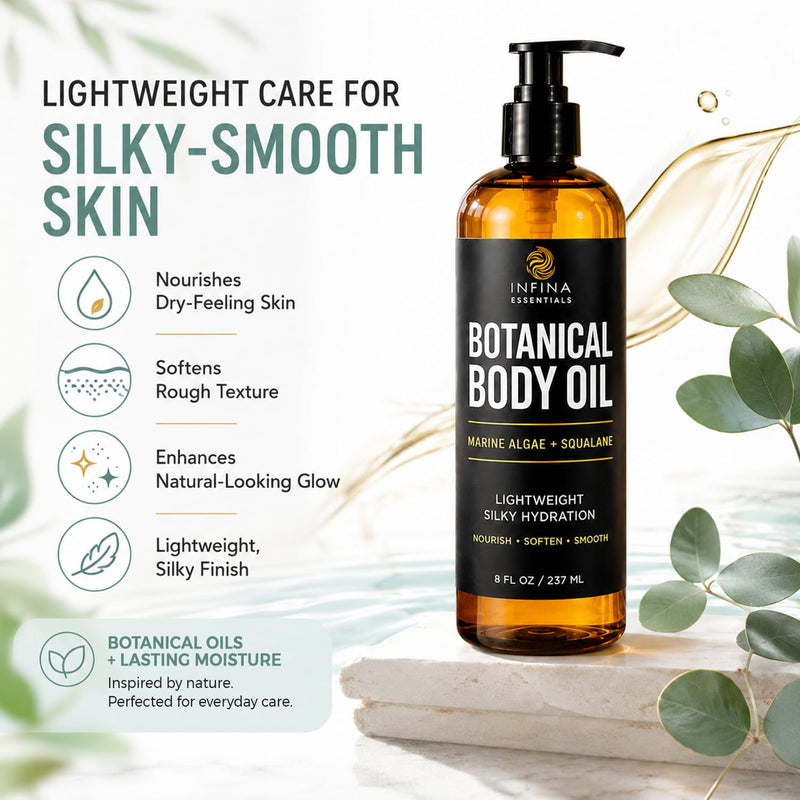 INFINA ESSENTIALS Botanical Body Oil for Dry Skin - 8 fl oz | After Shower, Lightweight Fast-Absorbing Daily Moisturizer with Marine Algae, Squalane & Vitamin E | Silky, Soft, Smooth Skin