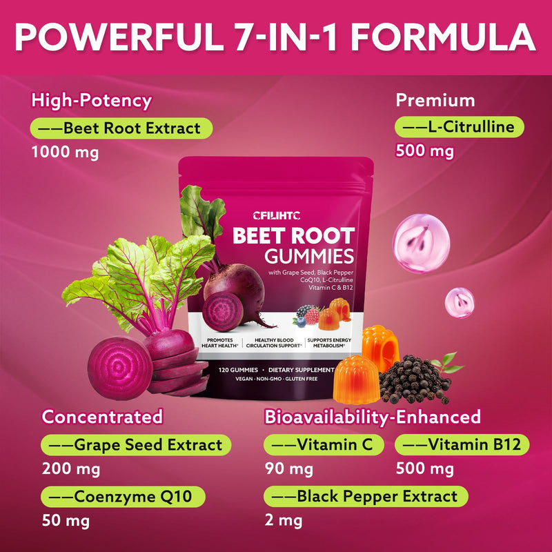 Beetroot Gummies - Beet Root for High Blood Pressure Supplements with Grape Seed Extract + CoQ10 + Black Pepper Extract + L-Citrulline + Vitamin C B12 Ultimate Heart for Blood Flow & Energy, 120 Count Mixed Berry 120 Count (Pack of 1)