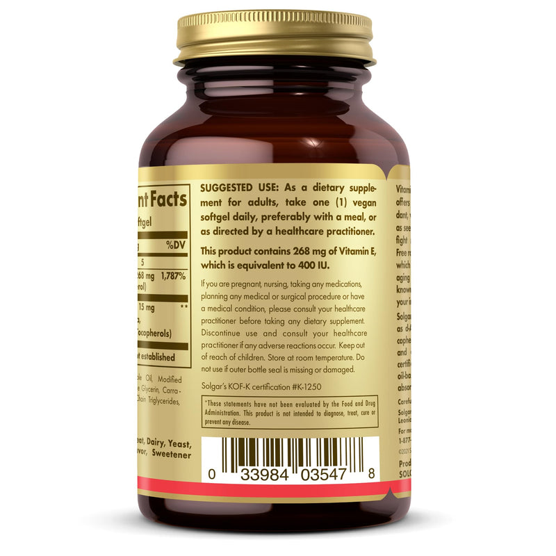 Solgar Vitamin E 268 mg (400 IU) - 100 Vegan Softgels - Naturally Sourced - Non-GMO, Gluten Free - 100 Servings