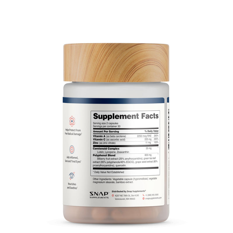 Snap Supplements Eye Health, Lutein, Zeaxanthin, Bilberry, 60 Capsules | Lycopene, Antioxidant Complex, Polyphenol Blend, Doctor Formulated, Vegan, Gluten Free, Non-GMO, Dietary Supplement Adults