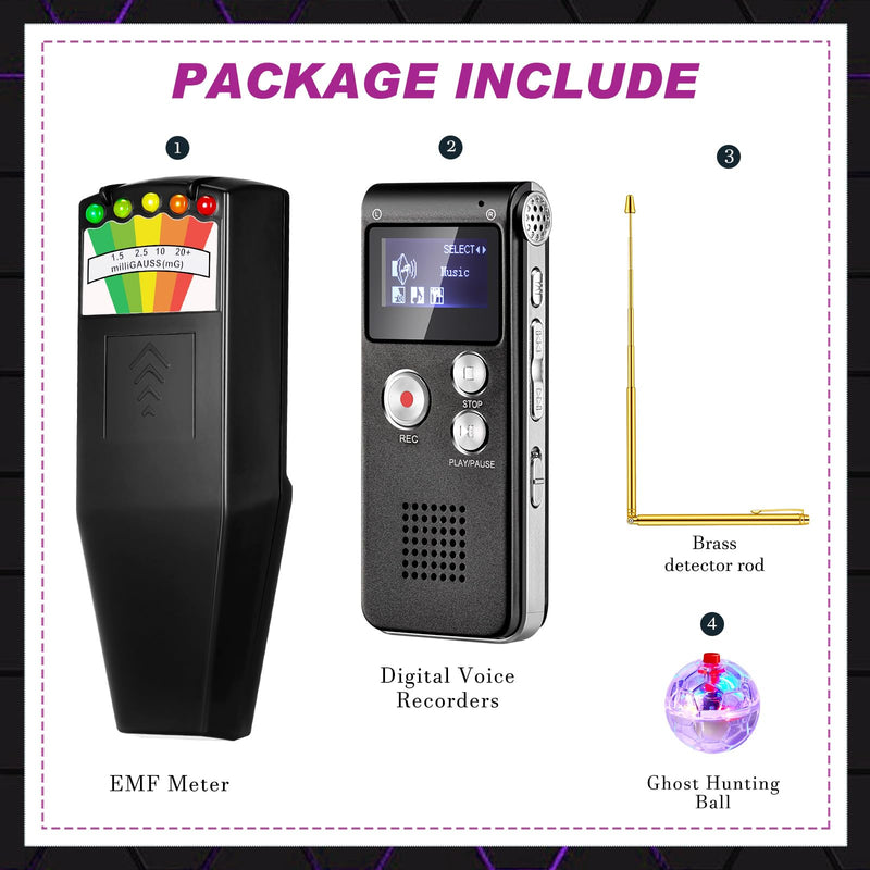 Dunzy 8 Pcs Ghost Hunting Equipment Kit Paranormal Entertainment Equipment Tester Includes 1 Emf Reader Meter Digital 1 Voice Recorder 2 Pcs Copper Dowsing Rod 4 LED Motion Activated Cat Ball for Home - BeesActive Australia
