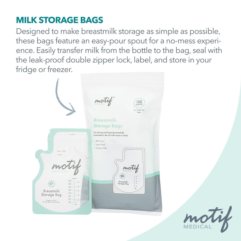 Motif Medical, Milk Storage Bags, 6 oz Milk Freezer Bag with Easy Pour Spout, BPA Free, Write-On Label - 100 Count 6 Ounce (Pack of 100) - BeesActive Australia