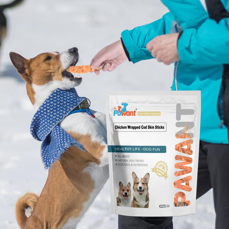 Chicken Wrapped Cod Skin Dog Treats, 45% Real Chicken & 45% Fish Skin - High Protein Omega-3 Dog Chews for Skin & Coat Health - Rawhide Free, Training Snacks for All Breeds 8 oz Chicken Wrapped Cod Skin Sticks 8 Ounce (Pack of 1)