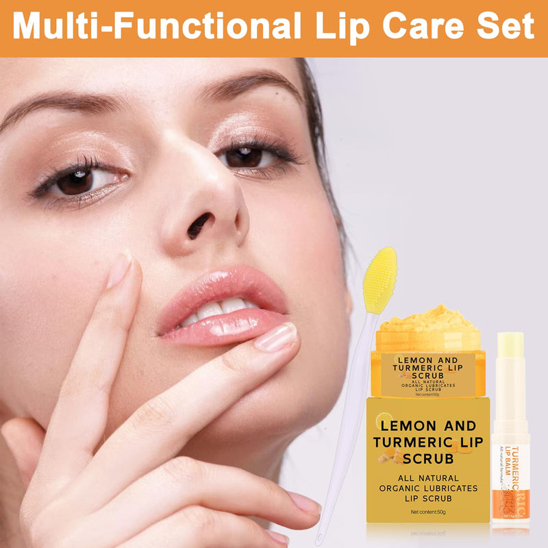 3PCS Turmeric Lip Scrub & Balm Set with Brush for Dark Lips, Nourishing Lip Care, Moisturizing Natural Formula, Removes Lip Dullness, Repairs Dry, Chapped Lips 0.01 Ounce (Pack of 3)