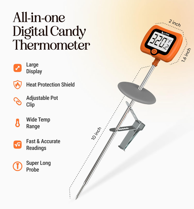 Digital Candy Thermometer with Pot Clip, 10" Long Stainless Steel Probe, Instant Read Kitchen Thermometer for Cooking, Baking, and Candy Making Orange - BeesActive Australia