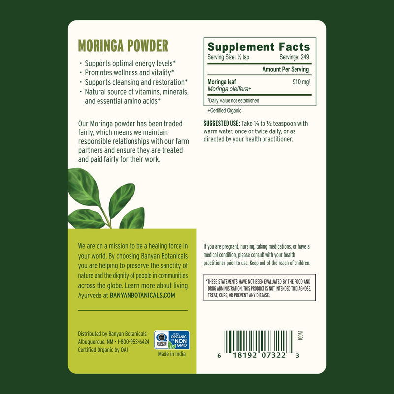 Banyan Botanicals Organic Moringa Powder – Moringa Oleifera – Superfood Powder and Natural Source of Vitamins & Minerals* – 1/2lb – Non-GMO Sustainably Sourced Vegan 1/2 Pound