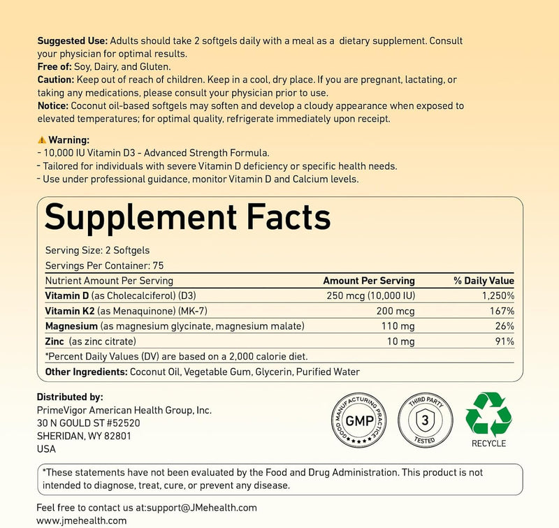 JME Core Vitamin D3 10,000 IU + K2 MK-7 200 mcg Vitamin Supplement D3K2 | with Magnesium Complex | Virgin Coconut Oil | 4-in-1 Vitamins D & K | Extra Strength, Easy to Swallow, Non-GMO, Gluten Free 150 Count (Pack of 1)