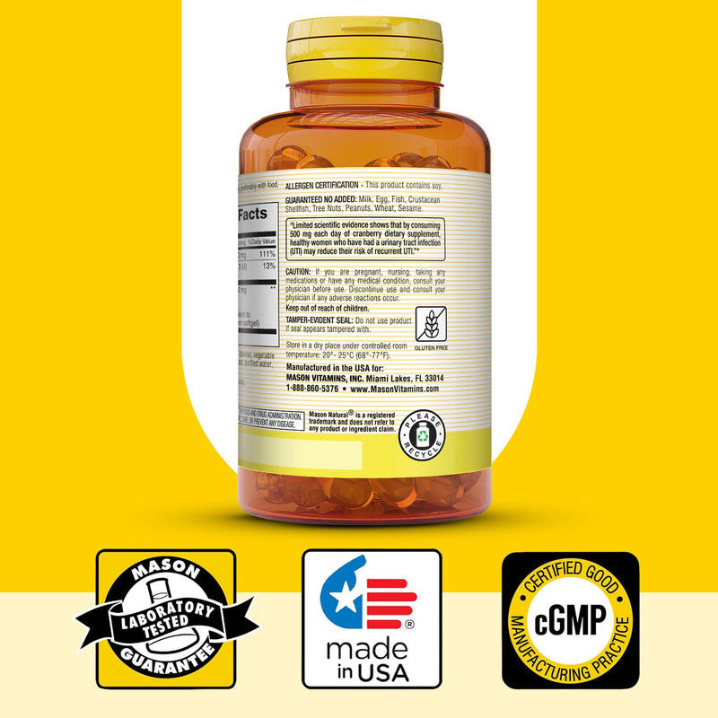 MASON NATURAL Cranberry 12:1 Concentrate with Vitamin C & E, Supports Immune & Urinary Health, 90 Capsules