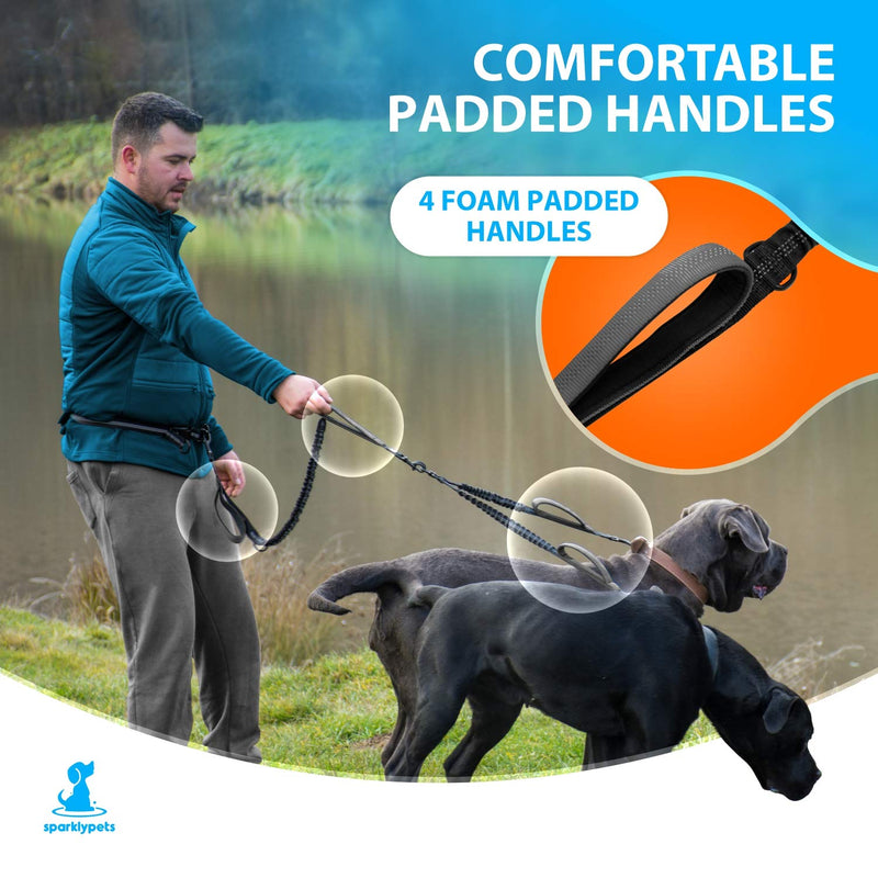 SparklyPets Hands Free Double Dog Leash – Dual Leash for Medium and Large Breeds – Lead for 2 Dogs with Padded Handles, Reflective Stitches, No Pull, Tangle Free Gray 2 dogs M/L - BeesActive Australia