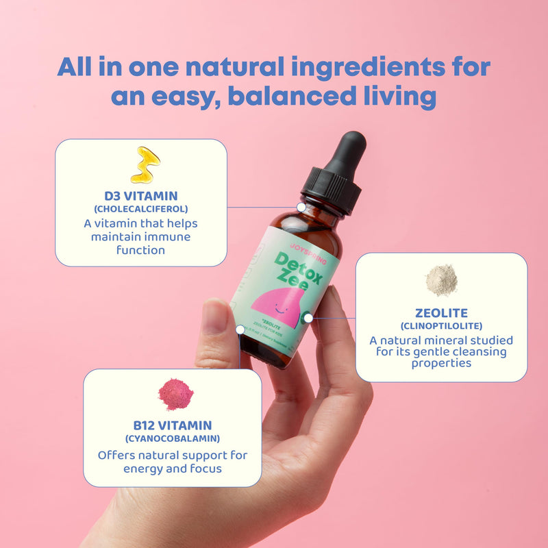 JoySpring DetoxZee Kids Metal Detox Zeolite Drops, 30 Servings, 3+ | Clinoptilolite mineral with Vitamin D3 and B12, supports gut and daily wellness, sugar-free, no pills, mixes into any drink 1 Fl Oz (Pack of 1)
