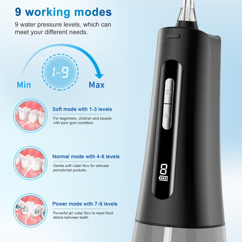 Rechargeable Water Flosser for Teeth, 300ML Oral Irrigator with 4 Nozzles, 2000mAh Battery, IPX7 Waterproof, 360° Rotating, USB Charging, Portable Cordless Dental Cleaner for Braces & Gum Care Black/Clear/Gray