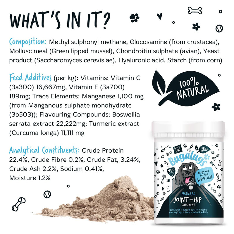 BUGALUGS Joint Supplements For Dogs With Glucosamine, Chondroitin, Green Lipped Mussel - 10 Key Dog Vitamins, Helps with Pain Relief, Joint Support & Stiff Joints (200g) 200g