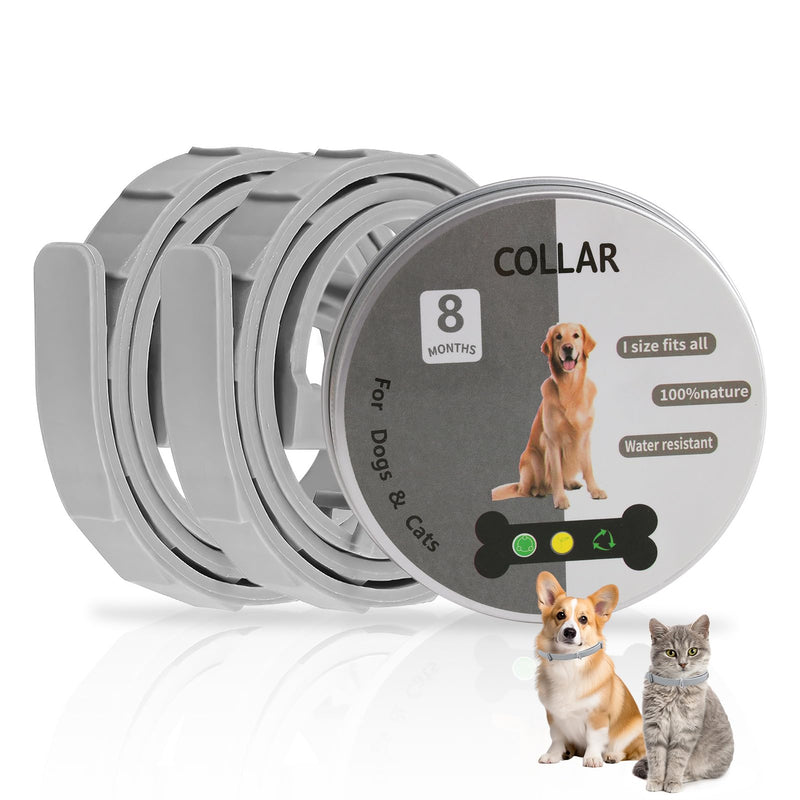 Pack of 2 Anti-Parasite Collars for Dogs and Cats - Flea and Tick Collar, 8 Months Protection, Adjustable 62 cm, 100% Natural and Waterproof (Grey) - BeesActive Australia