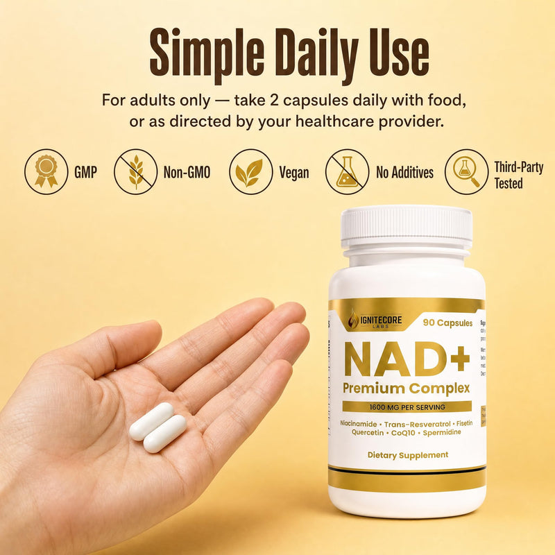 NAD+ Premium Complex 1600mg | Niacinamide Fisetin Quercetin Trans-Resveratrol CoQ10 Spermidine | Longevity Supplement Cellular Energy Healthy Aging Support | Vegan Non-GMO Gluten Free | 90 Capsules