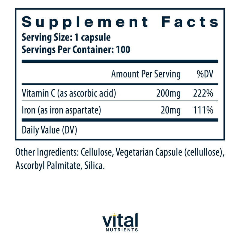 Vital Nutrients Iron Plus C - Vegan Iron Supplement - 20mg Fe with 200mg Vitamin C to Increase Fe and Energy Levels - Gluten, Dairy, Soy Free - Non-GMO - 100 Capsules