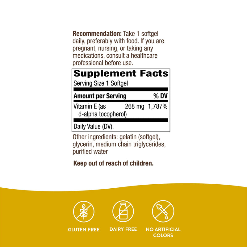 Nature’s Way Vitamin E D-Alpha Tocopherol - 268 mg per serving - Antioxidant – Essential Nutrient for Heart Muscle Cells* - Gluten Free - 100 Softgels 100 Count (Pack of 1) - BeesActive Australia