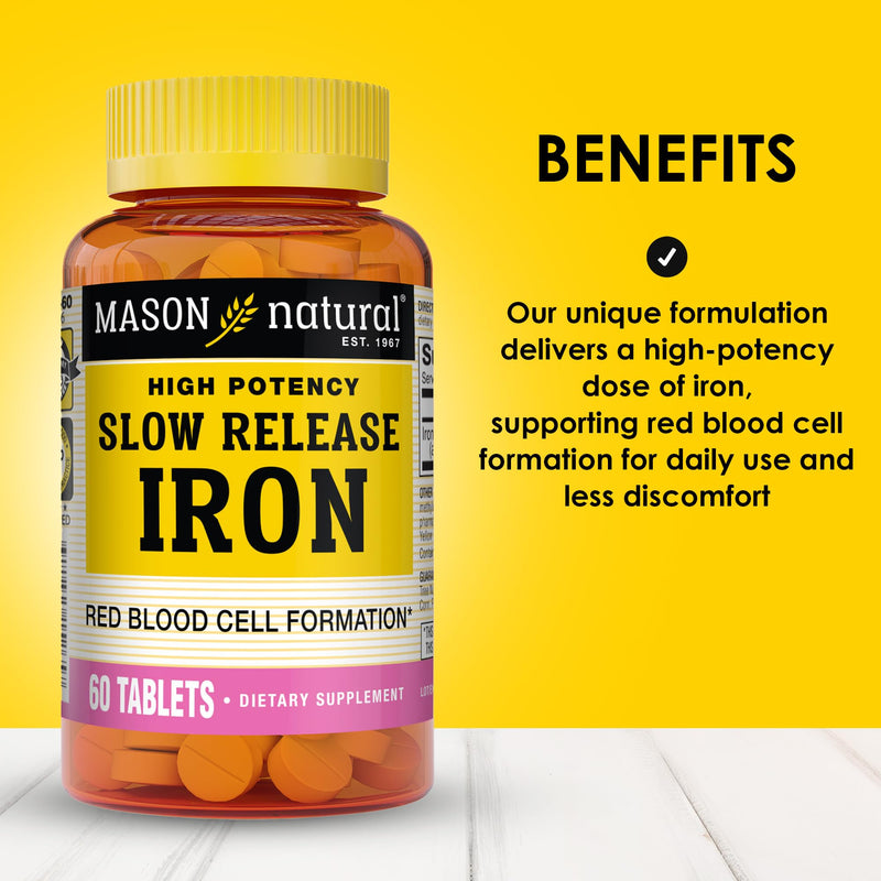 Mason Natural Slow,Release Iron (Ferrous Sulfate) 50 mg Tablets, 180 Day Supply, High Potency Supplement, Gentle on Stomach, 3 Pack Unflavored 60 Count (Pack of 3)