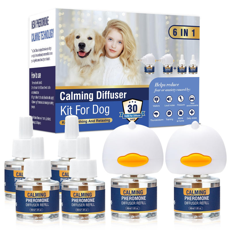 Dog Calming Pheromones Diffuser 6 in 1 Kit Appeasing Pheromone Diffuser to Calm (2 Plug in+4 x48ml Refill) for Anxiety Relief Reduce Aggression Fighting Barking Stress 120 Day Supply(Tasteless) Tasteless