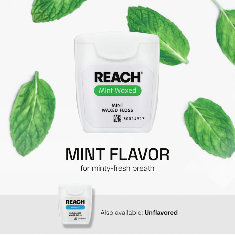 REACH Waxed Dental Floss, Mint, 2X More Value, Plaque Remover for Teeth, Shred Resistant, Floss Slides Smoothly, Easy to Use, Waxed, for Adults & Kids, Oral Care, PFAS Free, 3 Pack, 115 yd 345 Foot (Pack of 3)