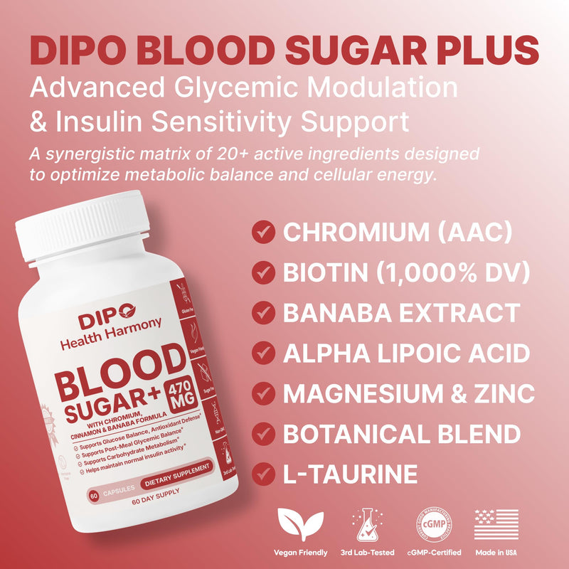 DIPO Blood Sugar Plus - Multi-Vitamin with Biotin, Chromium, Cinnamon, Banaba Extract & Alpha Lipoic Acid - Glucose & Carbohydrate Metabolism Support - 60 Vegan Capsules, Non-GMO