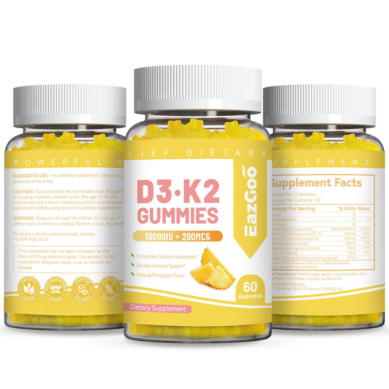 Vitamin D3 K2 Gummies - 10000IU D3 + 200mcg K2 (MK-7) - 60 Count | Sugar Free, with Calcium Citrate & Vitamin B12, Vegan, Non-GMO, Gluten Free
