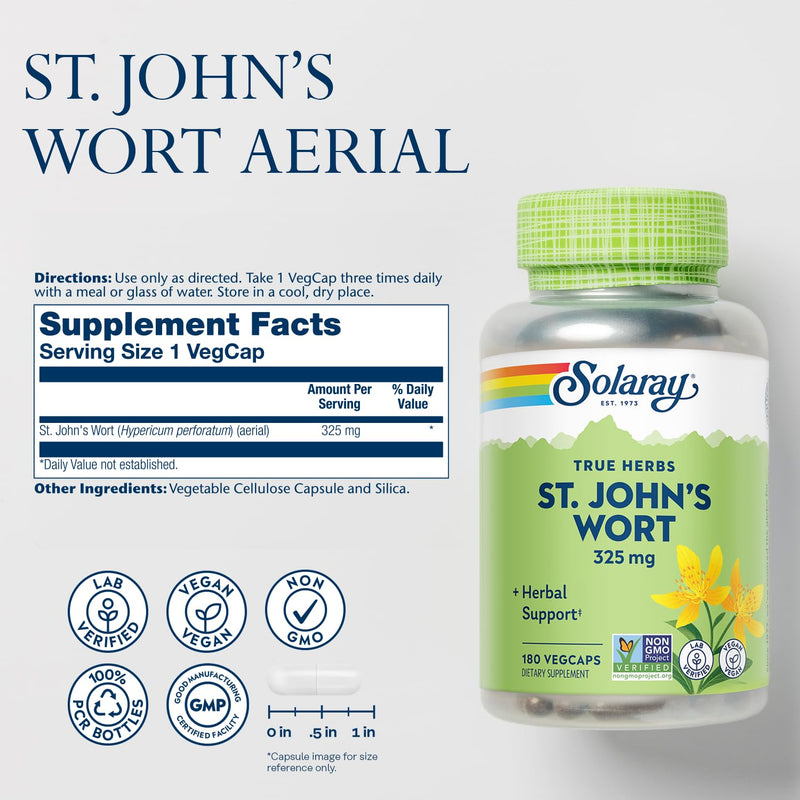 SOLARAY St Johns Wort 325 mg Whole Aerial - Health and Mood Support Supplement - 60-Day Money Back Guarantee - Non-GMO, Vegan, Lab Verified (180 VegCap, 180 Servings) 180 Count (Pack of 1)