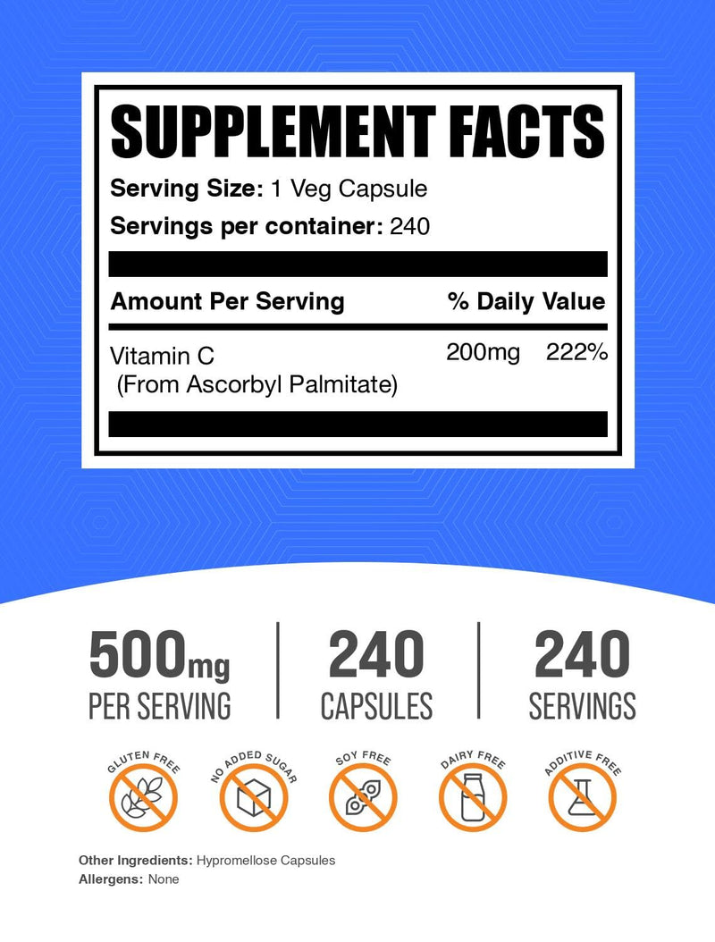 BulkSupplements.com Ascorbyl Palmitate Capsules - Vitamin C Ester, Vitamin C Supplement - Vegan & Gluten Free, 1 Capsule per Serving (500mg), 240 Count (Pack of 1)