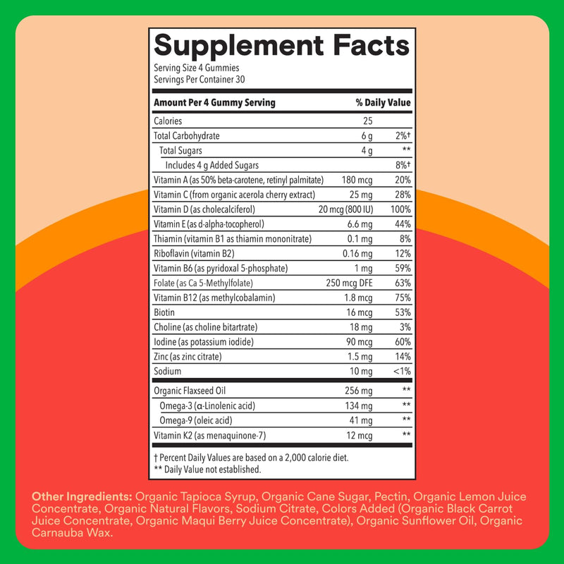 SmartyPants Organic Kids Multivitamin Gummies: Omega 3 (ALA), Beta Carotene, Vitamin B12, B6, A, K & Zinc for Immune Support, Biotin, Vegetarian, Three Fruit Flavors, 120 Count (30 Day Supply) 1 Count (Pack of 1) Organic + Omega