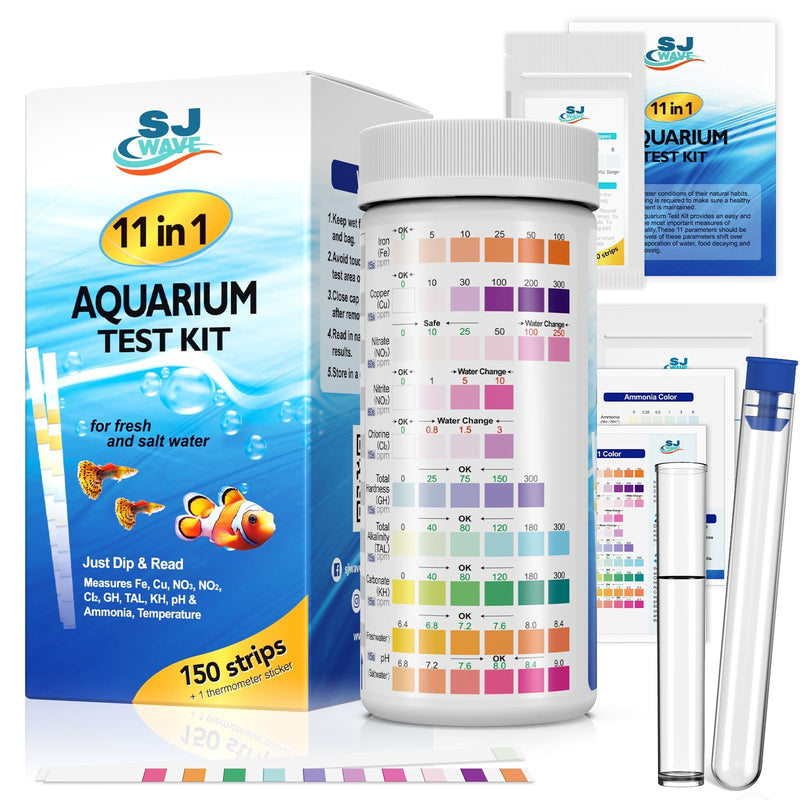 11 in 1 - Aquarium Test Strips | 950 Tests - 150 Strips | Fish Tank Aquariums Water Test Kit & ebook | Aquarium Thermometer | Fish Tank Water Testing Kit Includes 50 Ammonia Strips | Versatile Usage 11