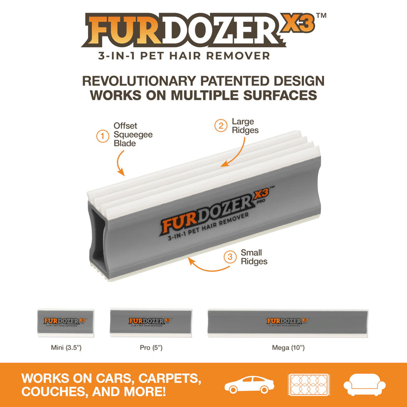 FurDozer X3 PRO Pet Hair Remover & Auto Detailing Tool - Cat & Dog Hair Remover for Carpets, Car Interiors, Couches, Bedding, & Furniture - Reusable Pet Hair Removal Tool for Dog Fur & Lint, 5", Grey X3 PRO - 5" Long Gray - BeesActive Australia