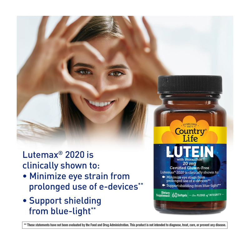 Country Life Lutein 20 mg Supplement - Certified Gluten-Free - Eye Health Support with Lutein and Zeaxanthin - Reduces Eye Strain from Screens - No Yeast, Corn, Wheat, Milk - 60 Softgels