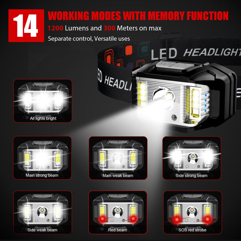 Headlamp Rechargeable, High Lumen Super Bright Motion Sensor LED Head Lamp Flashlight, Waterproof Headlight with White Red Light,14 Modes Head Lights for Camping Fishing Running- 4 Pack 4 Packs