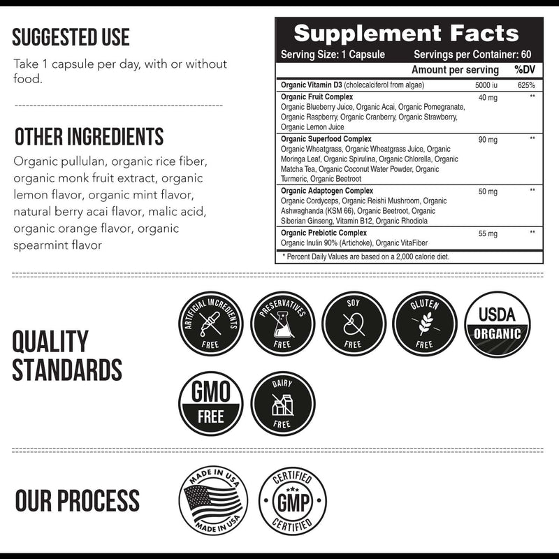 Organic Vitamin D3 5,000 IU - 100% Whole Food & Plant-Based Cholecalciferol Form, 100% Vegan Vitamin D - Enhanced with Prebiotic & Superfood Complex – Organic, Vegan, GMO & Gluten Free (60 Capsules) 60 Count (Pack of 1)